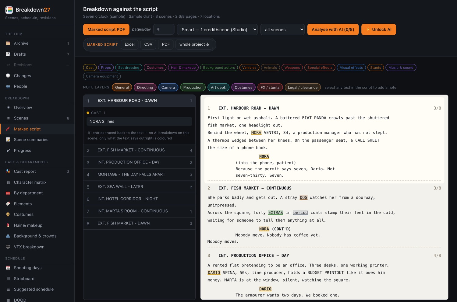 The script with breakdown entries highlighted inside the text, each coloured by its department.