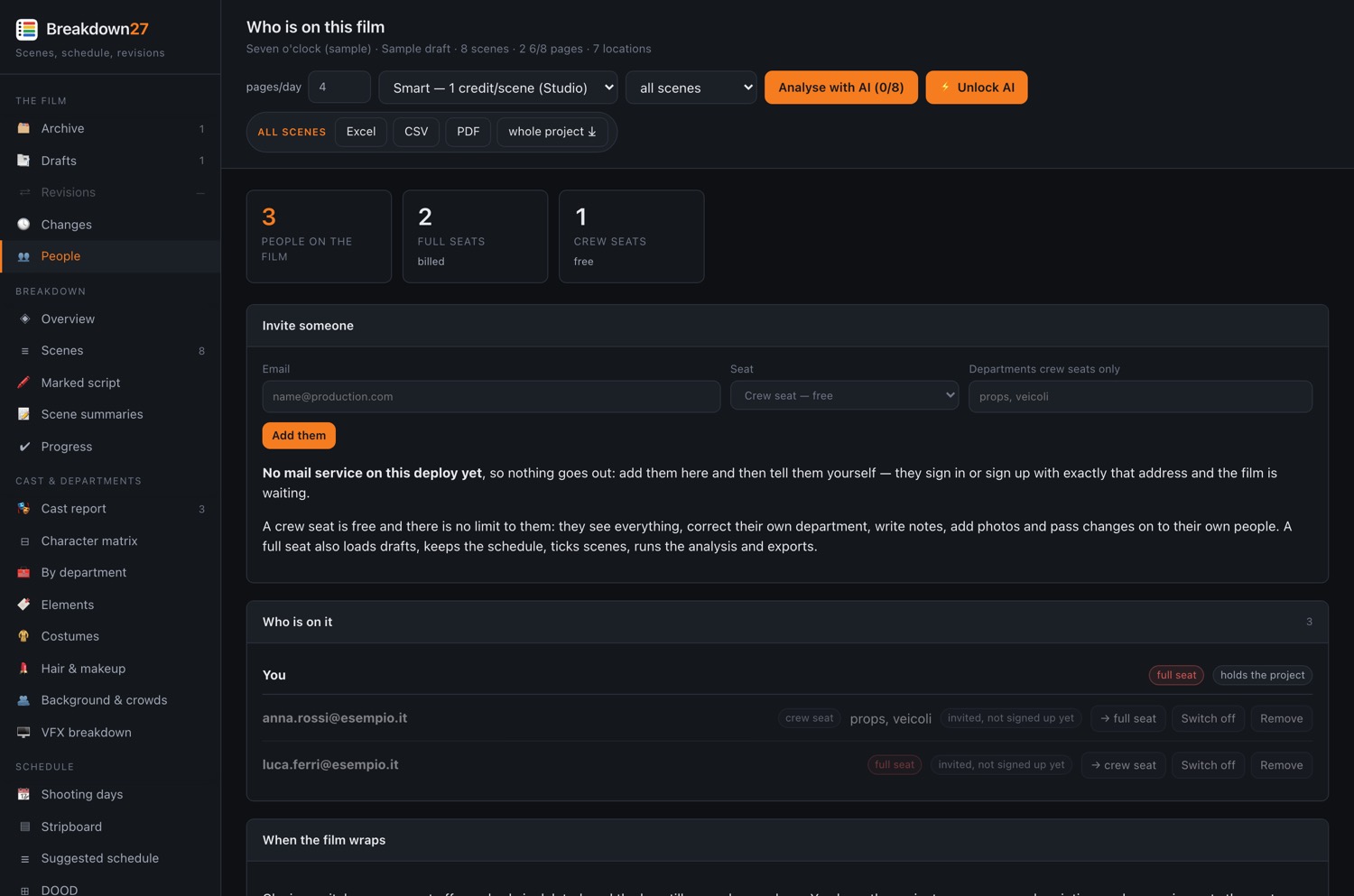 The People page: who is on the film with their seat type and departments, the invitation form, and the project log.