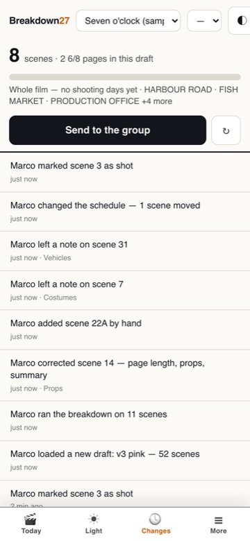 The Changes screen on the set tool: the same log, one entry per row, each with the time and the department underneath.