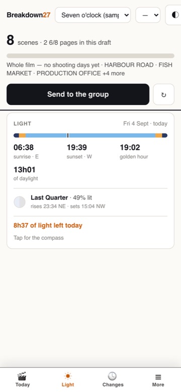 The Light screen on the set tool, with the light panel and the button to use your location.