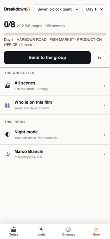 The More screen on the set tool, with all scenes, who is on the film, night mode and the account.