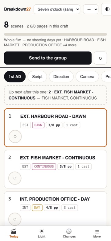 The Today screen: progress in eighths, the day line with locations, the send-to-group button, the role chips and the list of scenes to tick off.